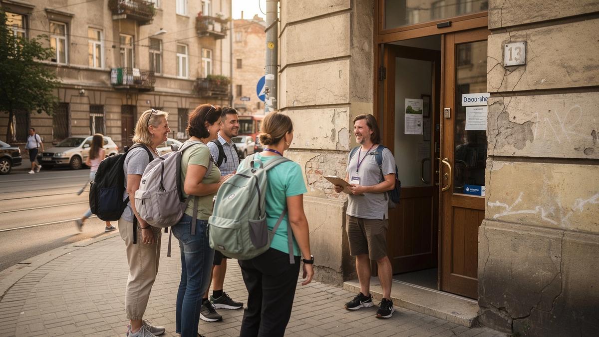 Guests meeting outside the tour office in Lviv before a weekend departure