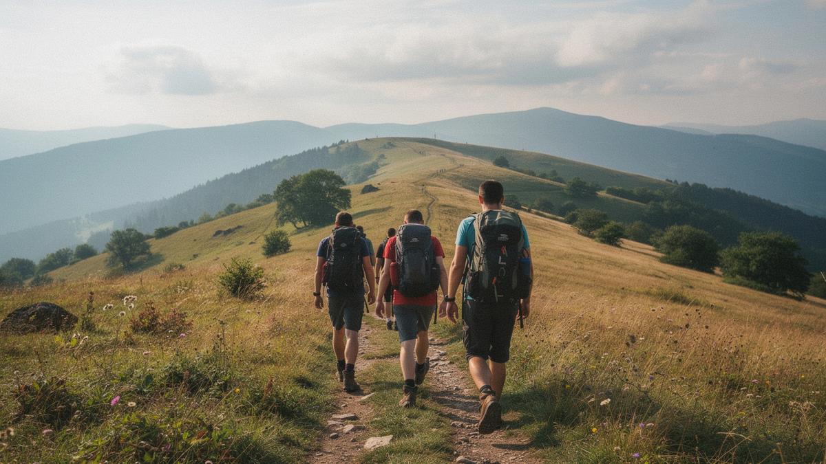 Hikers on a wide Carpathian mountain trail in morning light