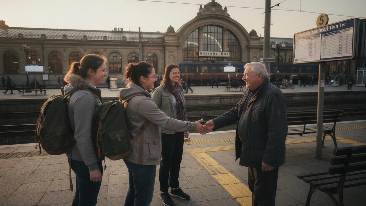 Weekend travellers with canvas packs meeting their host at Lviv railway station before a Carpathian departure