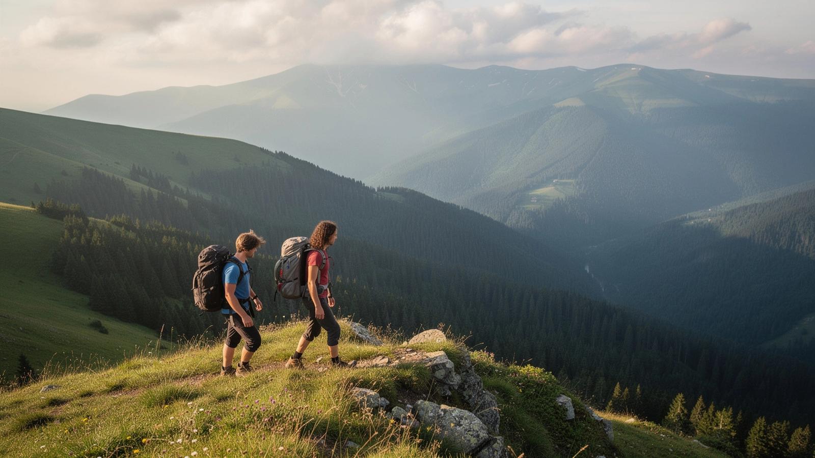 Two hikers on a grassy Carpathian ridge above a pine valley in early morning light