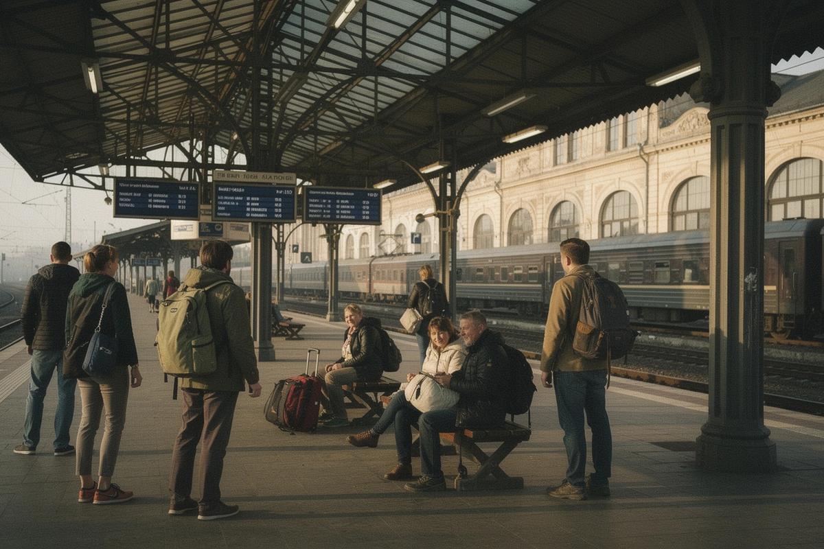 Passengers waiting on a covered platform at Lviv railway station