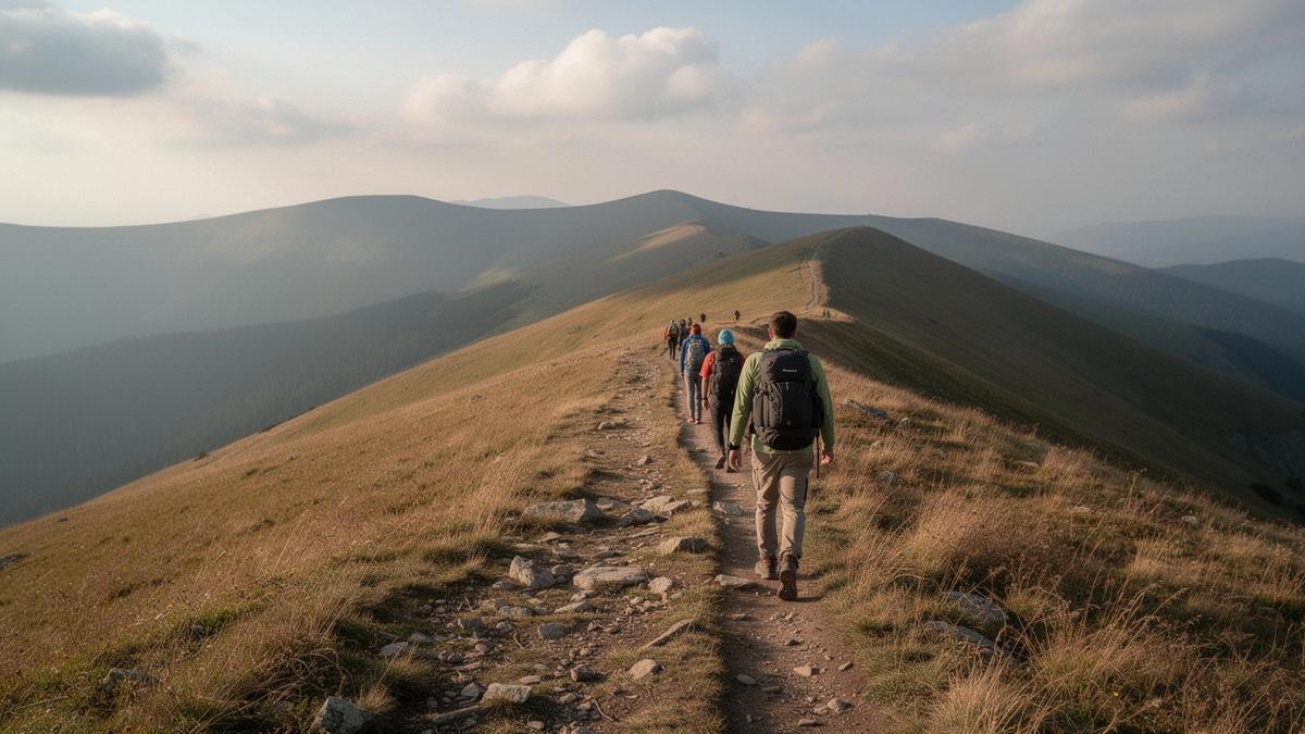Weekend walking group on a marked Carpathian ridge trail above the treeline