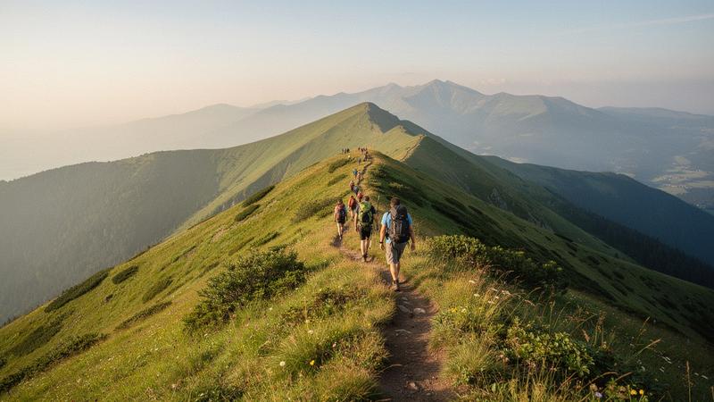 Hikers on a green Carpathian ridgeline with distant peaks