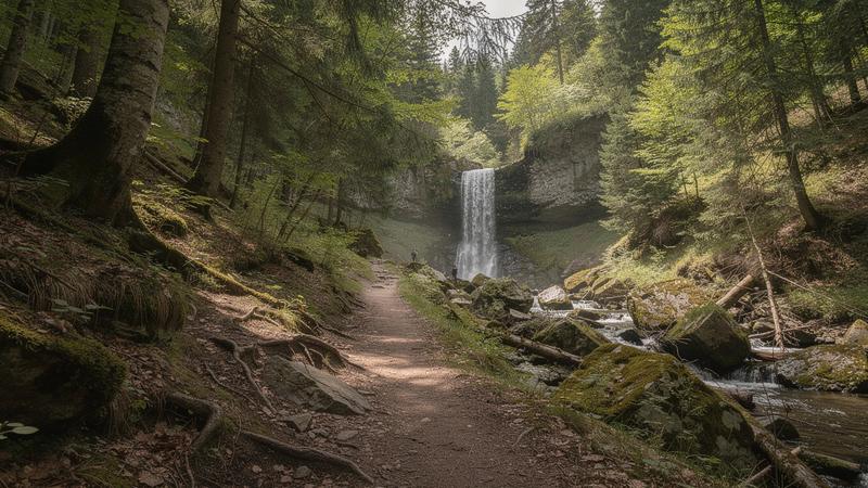 Forest trail leading to a waterfall in the Ukrainian Carpathians