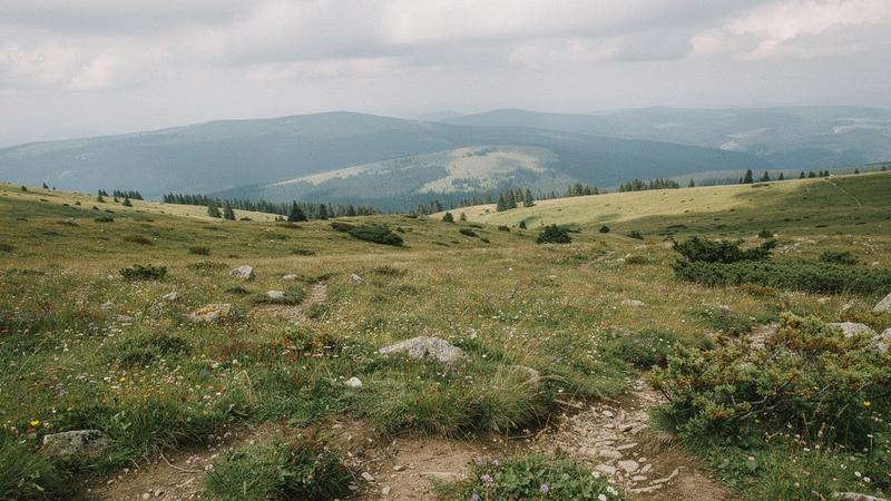 Alpine polonyna meadow with wildflowers and rolling Carpathian hills