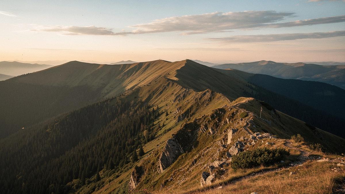 Carpathian mountain ridge at golden hour, documentary landscape