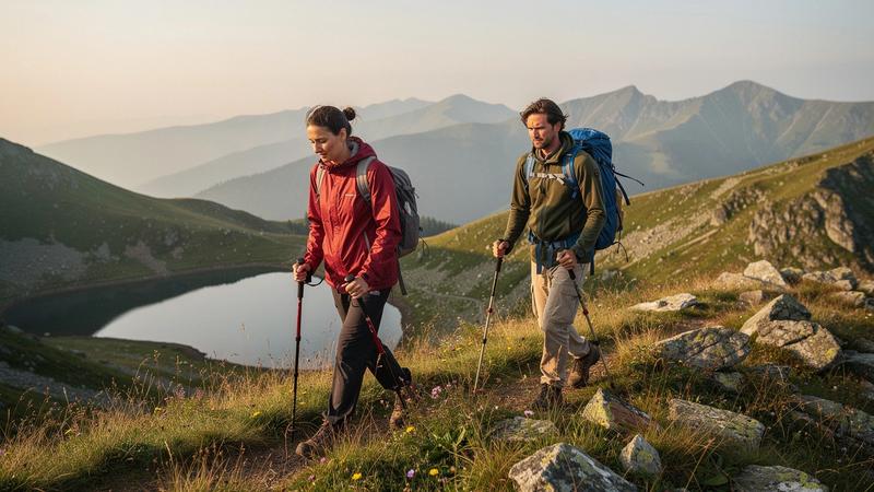 Walkers on a grassy ridge above a mountain lake in the Chornohora range