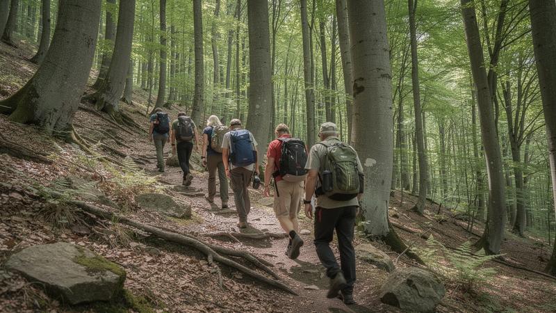 Hikers on a beech forest trail in the Carpathians
