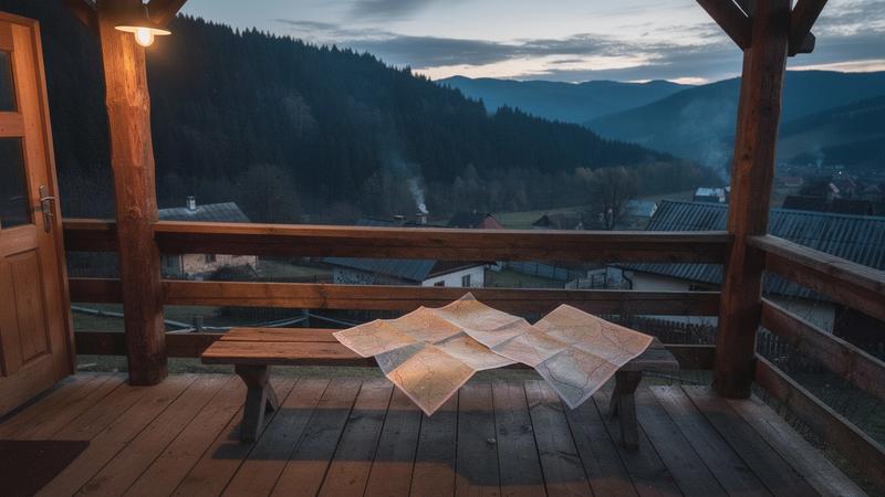 Guesthouse porch in a Carpathian village at dusk