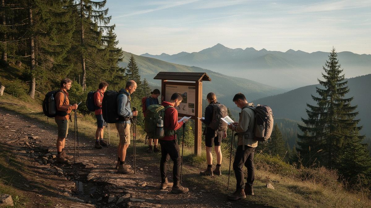 Hikers meeting at a trailhead in the Carpathians